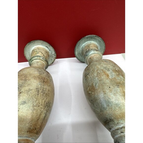 Vtg Rare Pair of Solid Bronze Candle Sticks Holders Gray Green Orange 6”x3” - Picture 6 of 10